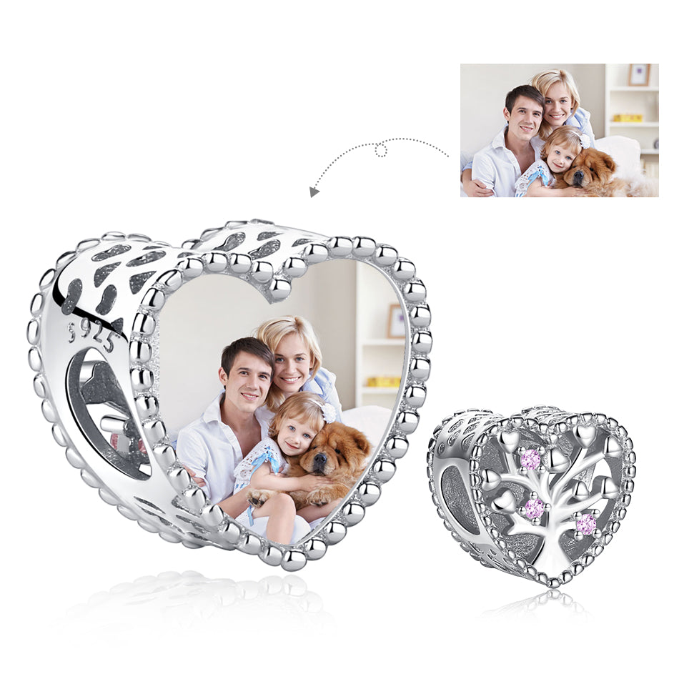925 Family Tree Hollow Heart Custom Photo Charm