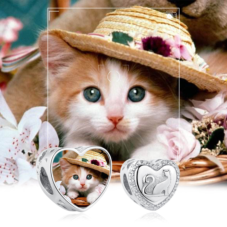 925 Sterling Silver Cute Cat Heart Custom Photo Bead