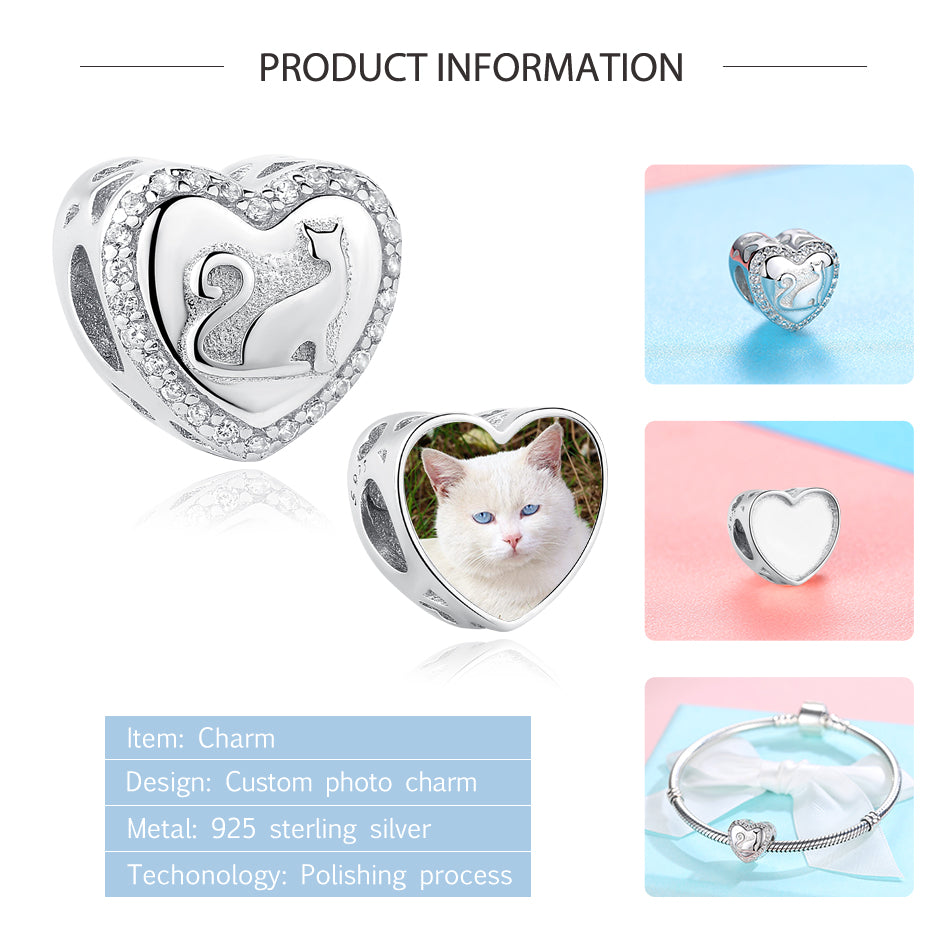 925 Sterling Silver Cute Cat Heart Custom Photo Bead