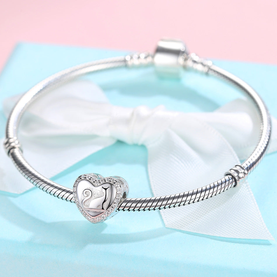925 Sterling Silver Cute Cat Heart Custom Photo Bead