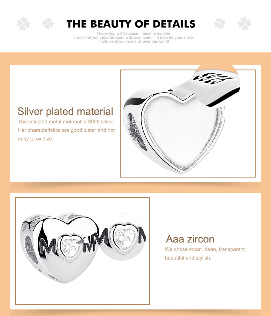925 Stering Silver MOM Heart Custom Bead