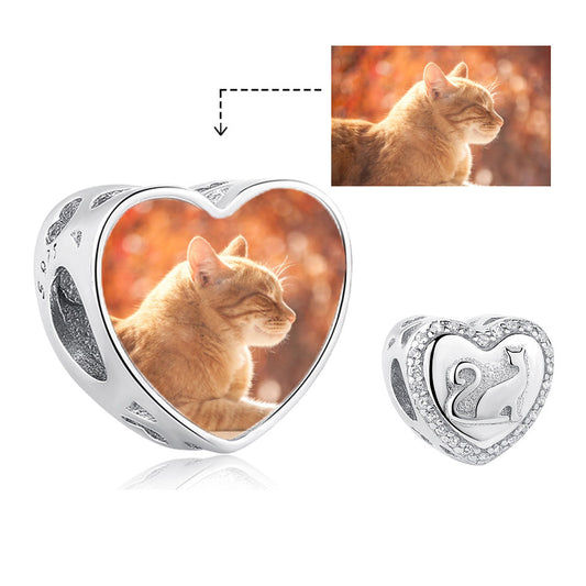 925 Sterling Silver Cute Cat Heart Custom Photo Bead