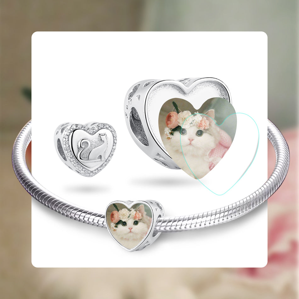 925 Sterling Silver Cute Cat Heart Custom Photo Bead