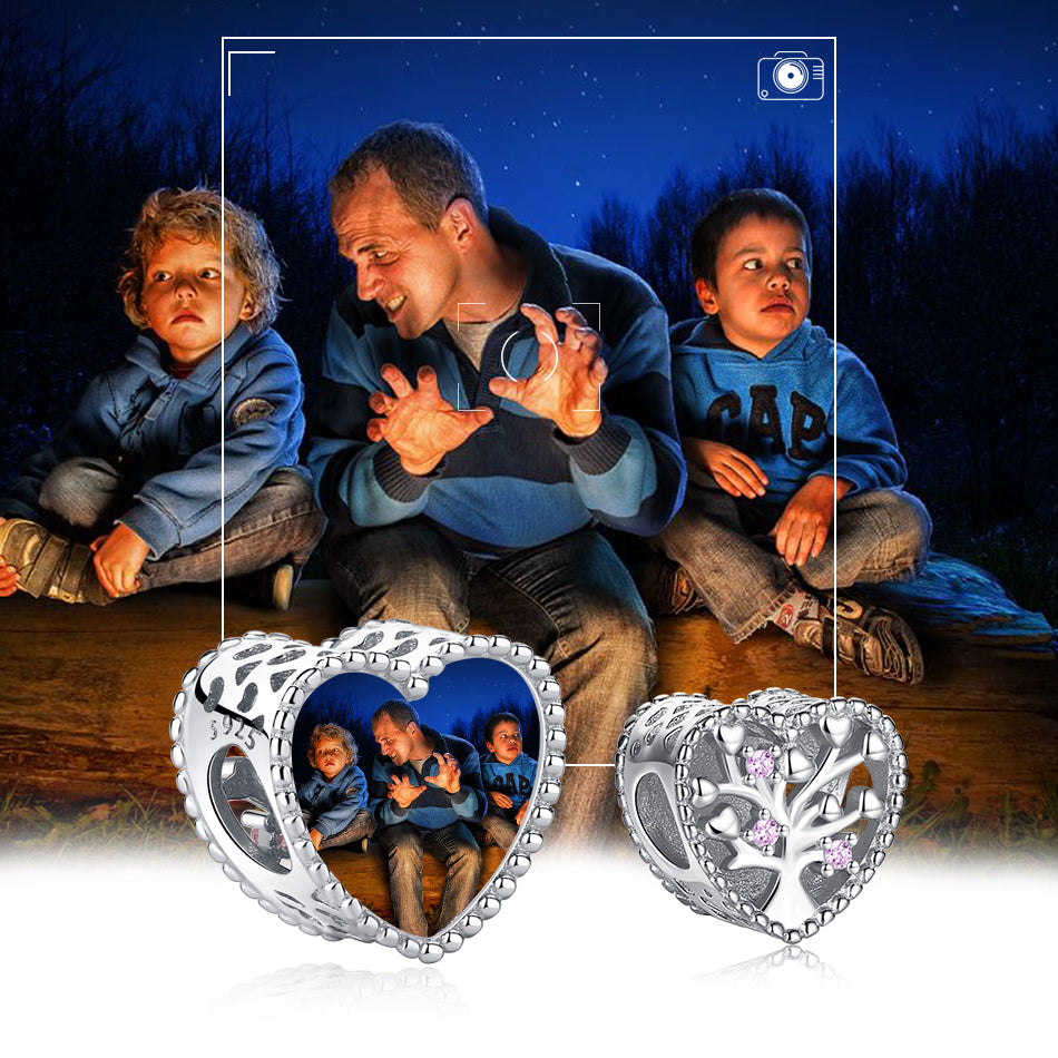 925 Family Tree Hollow Heart Custom Photo Charm
